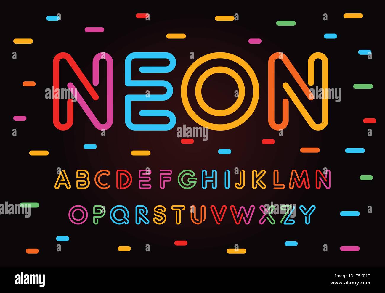 Des lettres de néon, de chiffres et de symboles. Tube de couleur, style moderne contour colorul lignes abc, alphabet latin. Polices pour les événements, les promotions, les logos Illustration de Vecteur