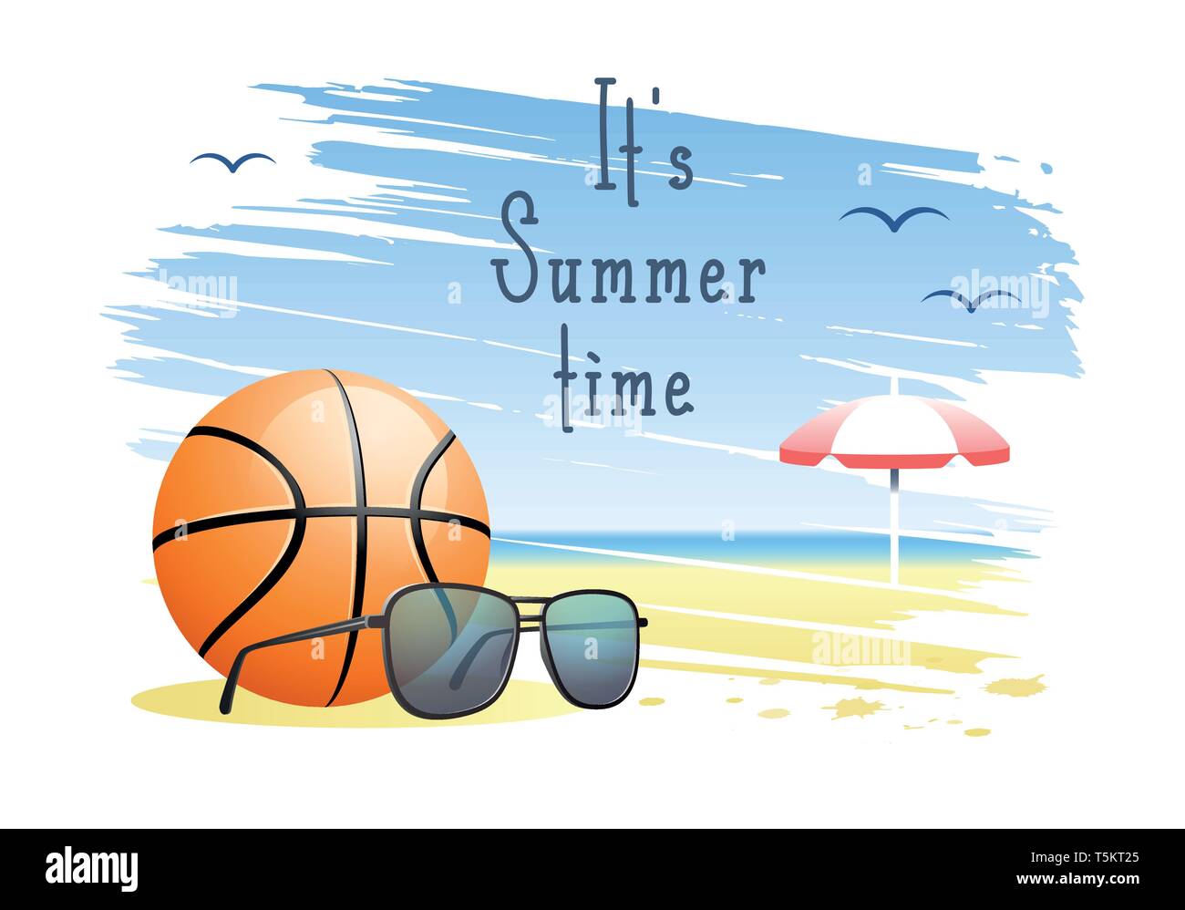 C'est l'été. Carte de sport. Ballon de basket-ball avec des lunettes de soleil et parasol sur la plage de sable de fond. Vector illustration. Illustration de Vecteur