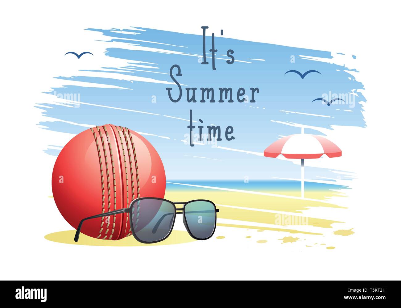 C'est l'été. Carte de sport. Balle de Cricket avec des lunettes de soleil et parasol sur la plage de sable de fond. Vector illustration. Illustration de Vecteur