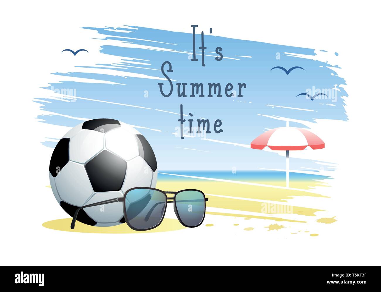 C'est l'été. Carte de sport. Ballon de soccer avec des lunettes de soleil et parasol sur la plage de sable de fond. Vector illustration. Illustration de Vecteur