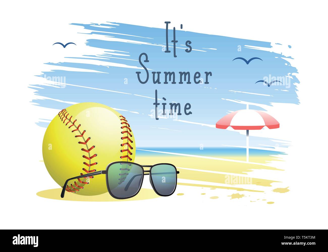 C'est l'été. Carte de sport. Balle de softball avec lunettes de soleil et parasol sur la plage de sable de fond. Vector illustration. Illustration de Vecteur