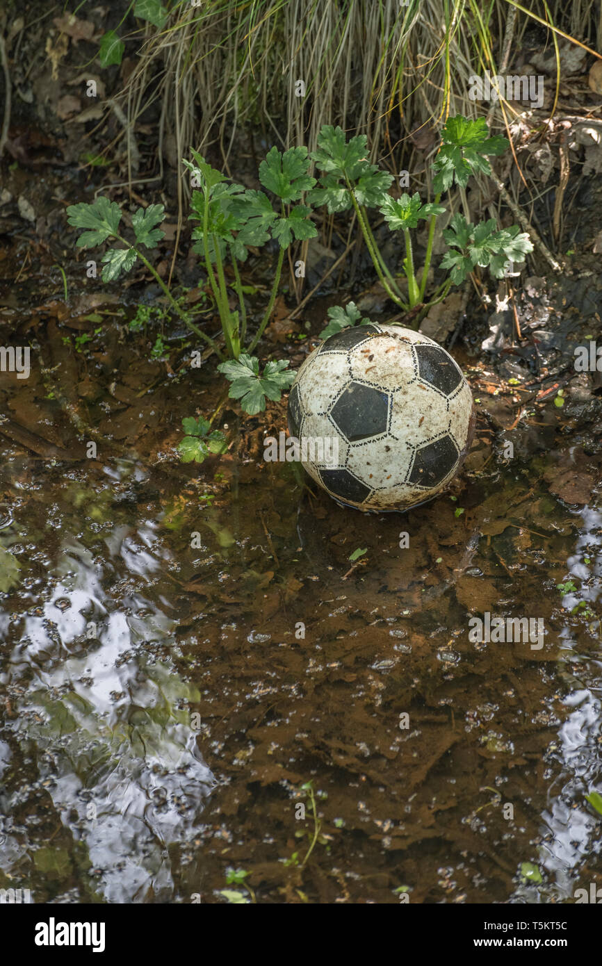 Un football en plastique légèrement dégonflé perdu dans un fossé de drainage. Ballon manquant, football perdu. Dans la métaphore des mauvaises herbes, le jeu a abandonné. Banque D'Images