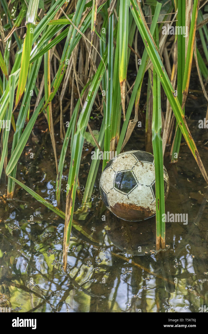 Un football en plastique légèrement dégonflé perdu dans un fossé de drainage. Ballon manquant, football perdu. Dans la métaphore des mauvaises herbes, le jeu a abandonné. Banque D'Images