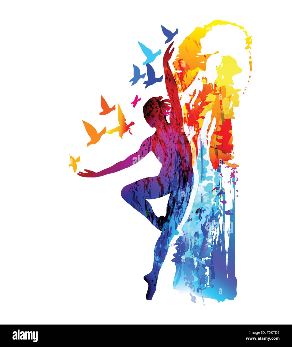 Ballerine danse avec les oiseaux Illustration de Vecteur