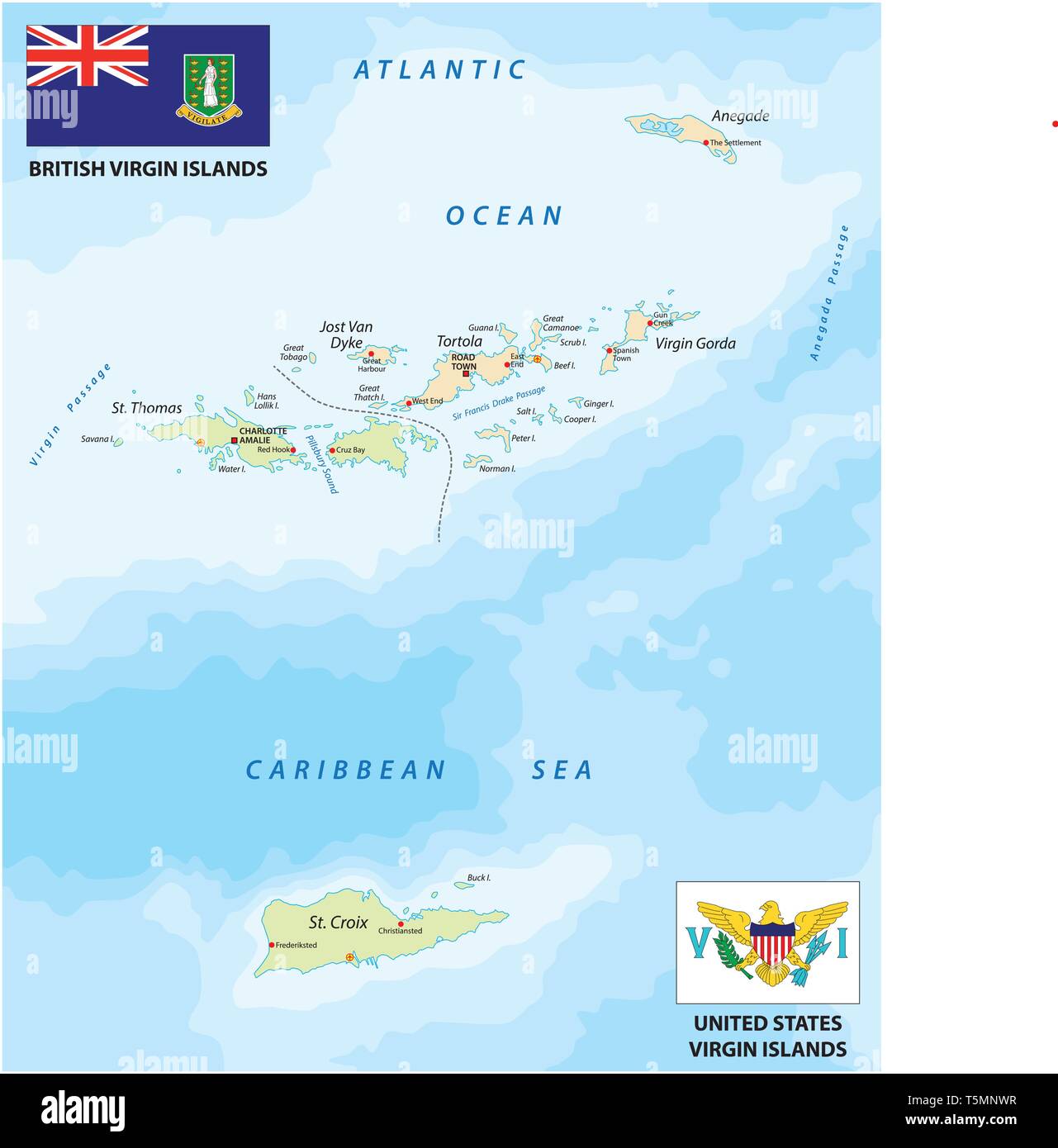 United States et îles Vierges britanniques carte vectorielle avec les drapeaux Illustration de Vecteur
