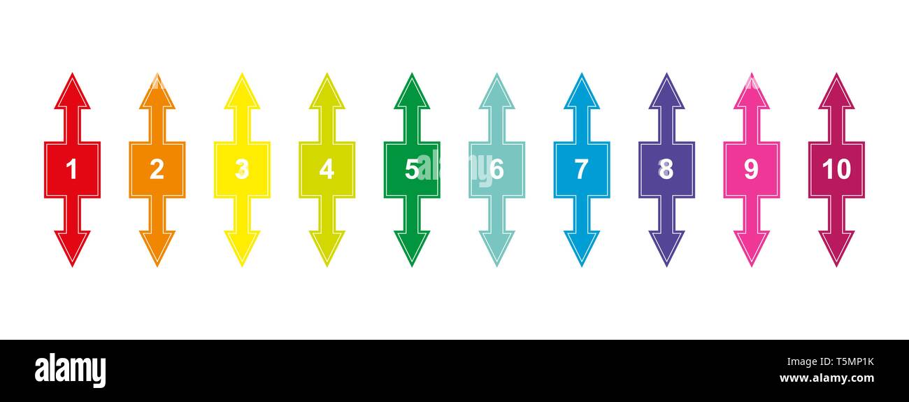 Couleur des carrés numérotés avec des chiffres de 1 à 10 avec des flèches haut et bas pour la conception et la décoration des projets, présentations, plans. L'esprit de l'onglet Illustration de Vecteur