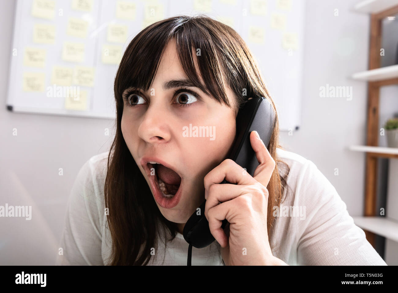Portrait d'un choqué Businesswoman Talking On Telephone Banque D'Images