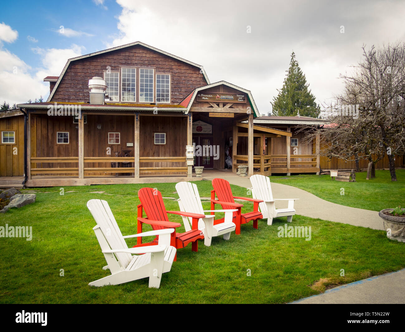 Chaises Adirondack en face du bâtiment principal de Merridale Cidrerie et distillerie à Cobble Hill, Cowichan Valley, British Columbia, Canada. Banque D'Images