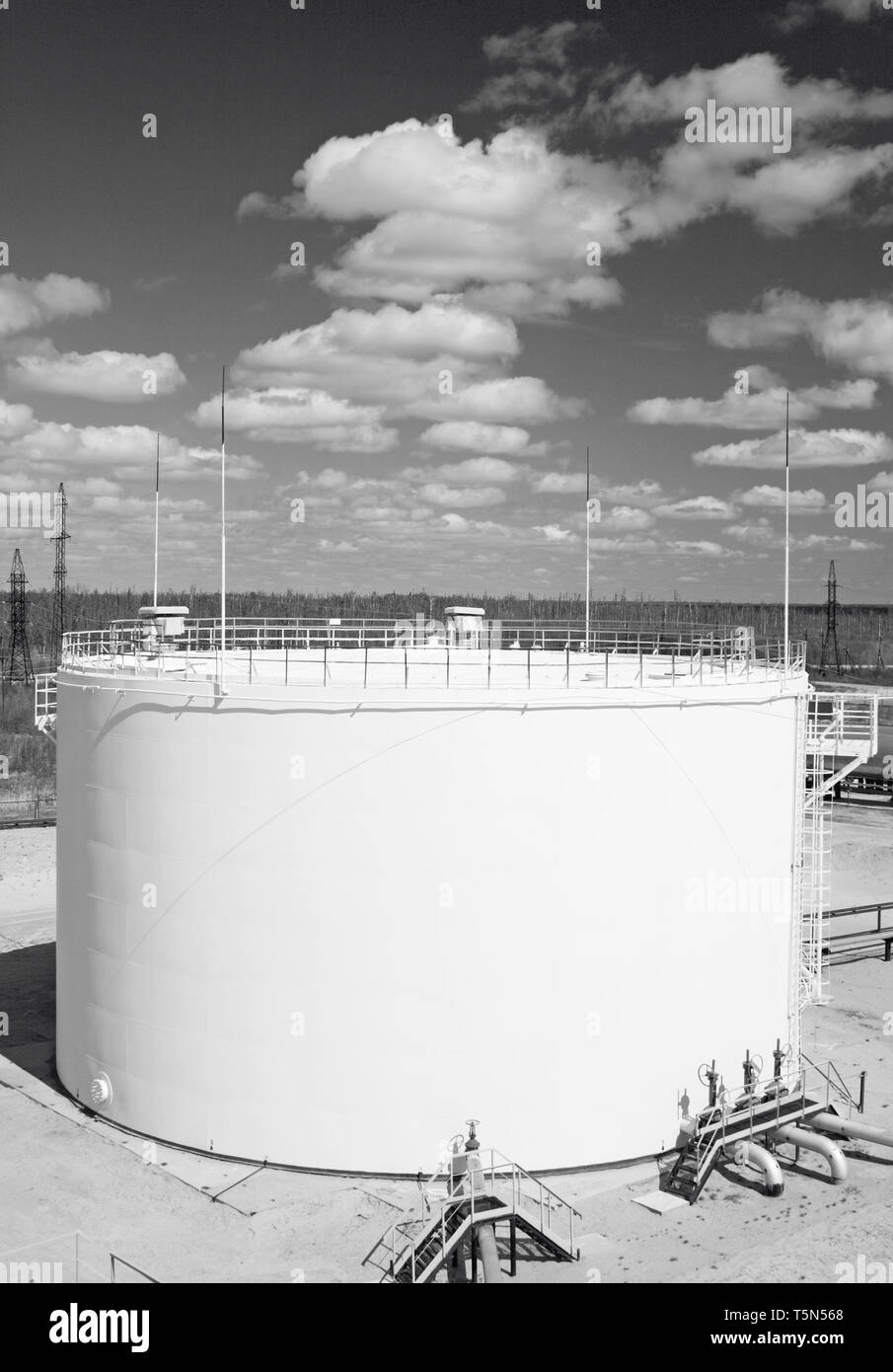 Réservoir d'huile blanche. L'usine de raffinerie de pétrole et de gaz. Station d'essence. Photo en noir et blanc Banque D'Images