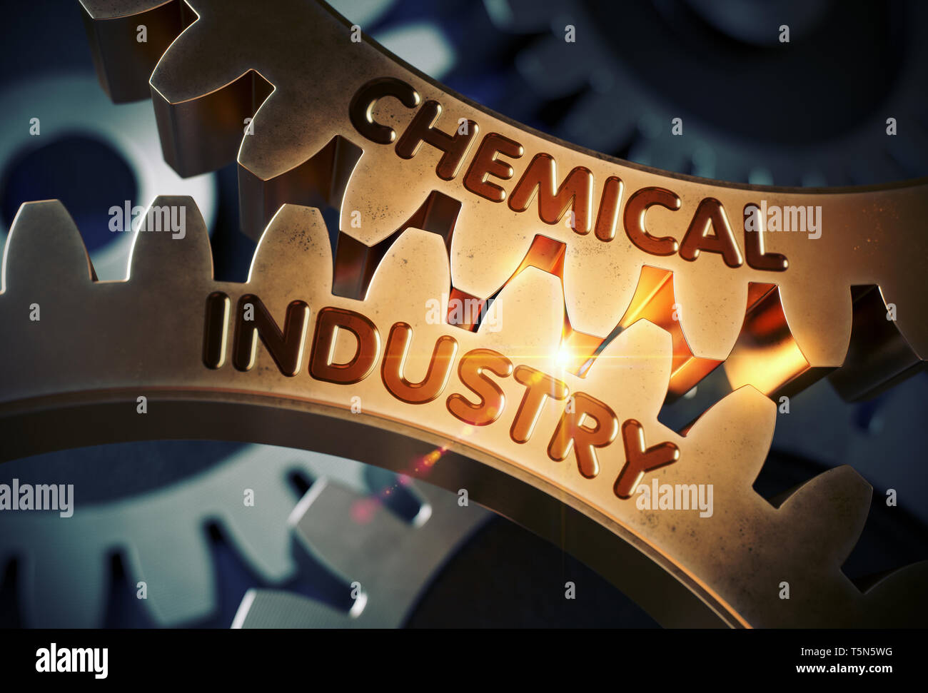 L'industrie chimique - Design Industriel. L'industrie chimique sur le mécanisme de rouages d'or avec des reflets. Le Rendu 3D. Banque D'Images