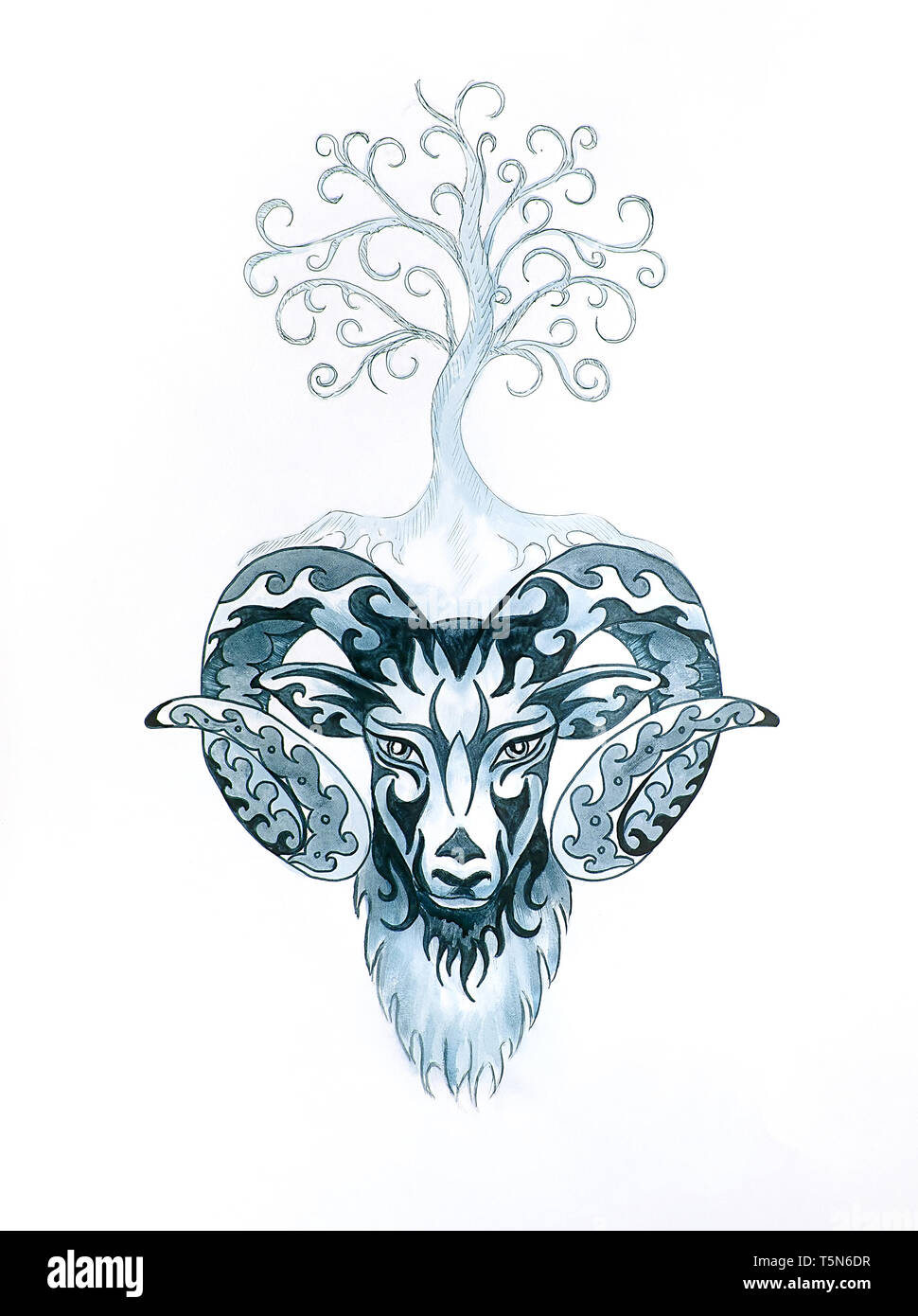 Peinture décorative de bélier, animal sacré symbole et arbre de vie Banque D'Images
