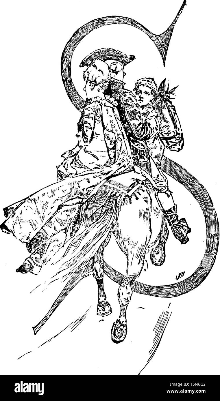 Une lettre S avec deux personnes sur un cheval, équitation vintage dessin ou gravure illustration Illustration de Vecteur