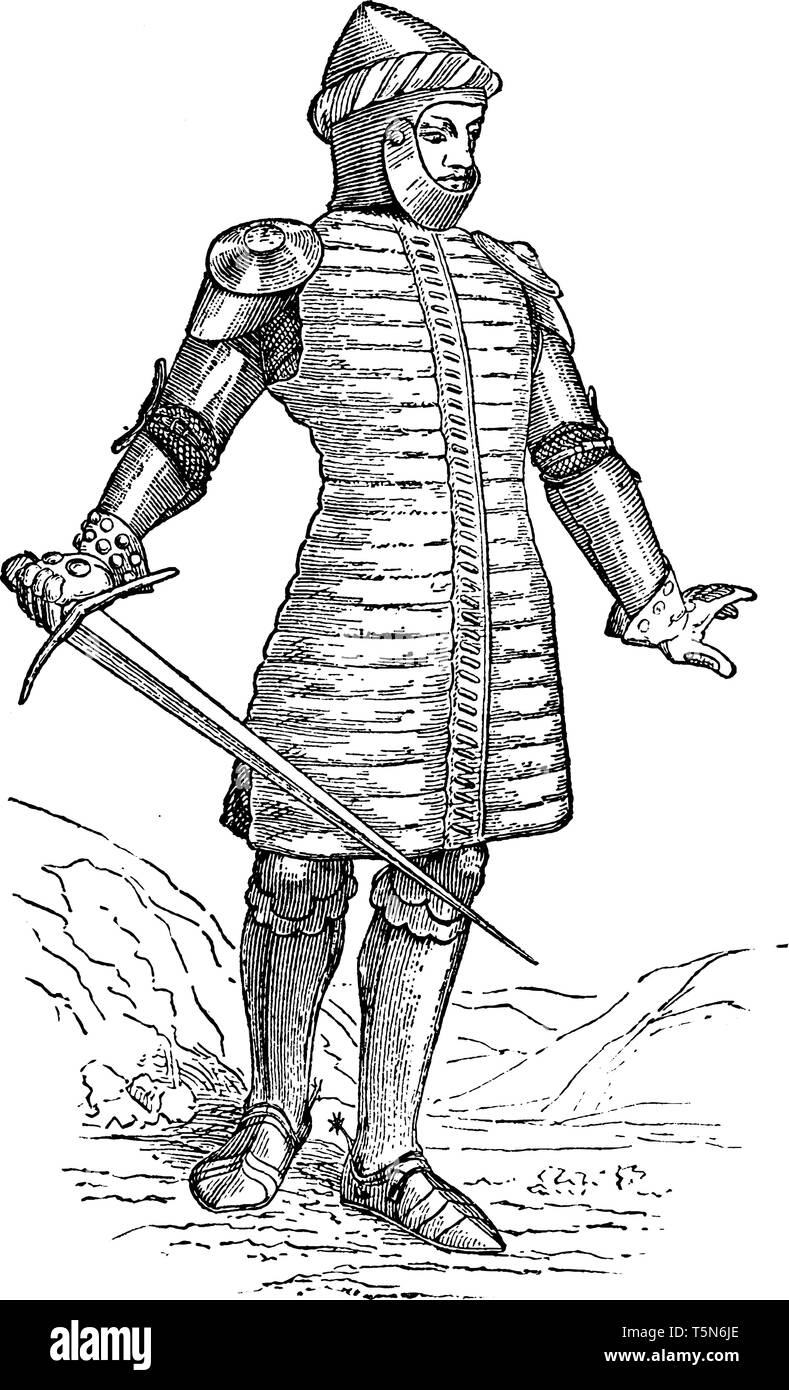 Soldat portant un Gambeson et tenant un sabre en main, vintage dessin ou gravure illustration Illustration de Vecteur