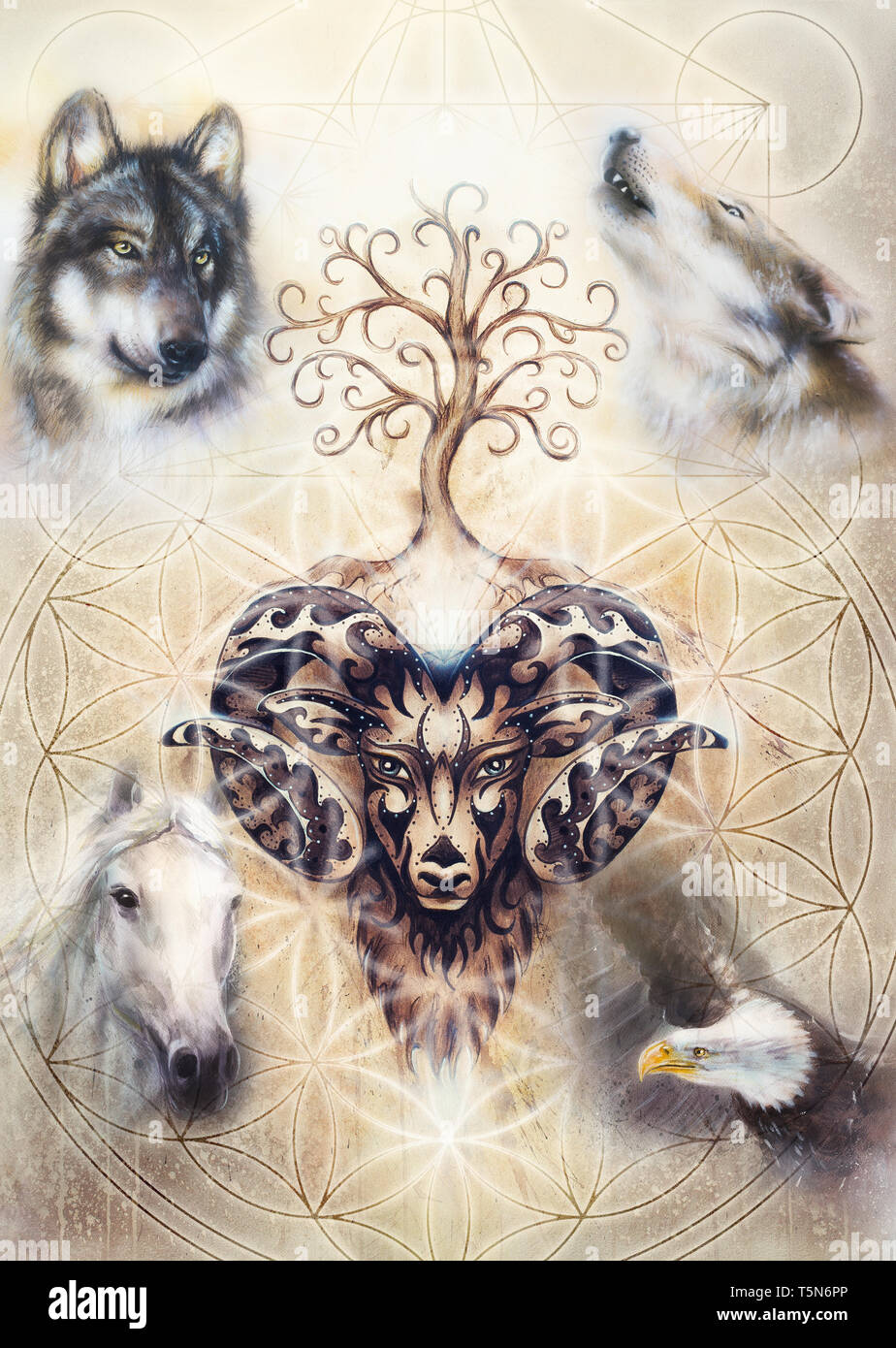 Peinture décorative de bélier, animal sacré, symbole de l'arbre de vie, fleur de vie et merkaba Banque D'Images