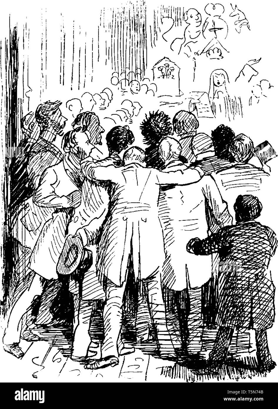 Groupe d'hommes, vintage dessin ou gravure illustration Illustration de Vecteur