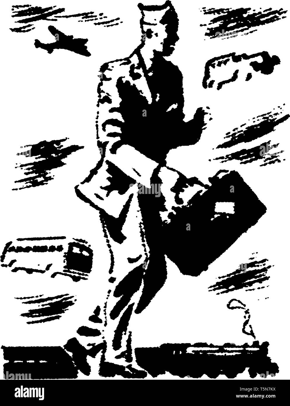 Un homme militaire walking and holding briefcase dans la main, bus, avion et voiture à fond, vintage dessin ou gravure illustration Illustration de Vecteur