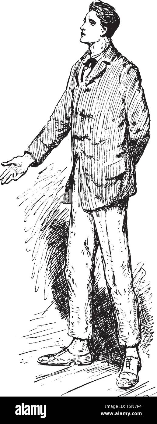 Un homme tenant à la main, dessin de ligne vintage ou gravure illustration Illustration de Vecteur