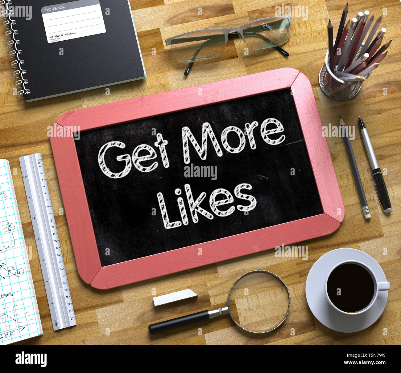 Vue de dessus de bureau avec bureau et papeterie petit tableau Rouge avec concept d'affaires - Obtenir plus d'Aime. Obtenez plus d'Aime - Texte sur petit tableau.3d Banque D'Images