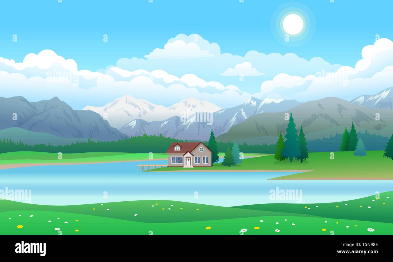 Beau paysage avec maison sur le lac, forêt et montagnes Illustration de Vecteur