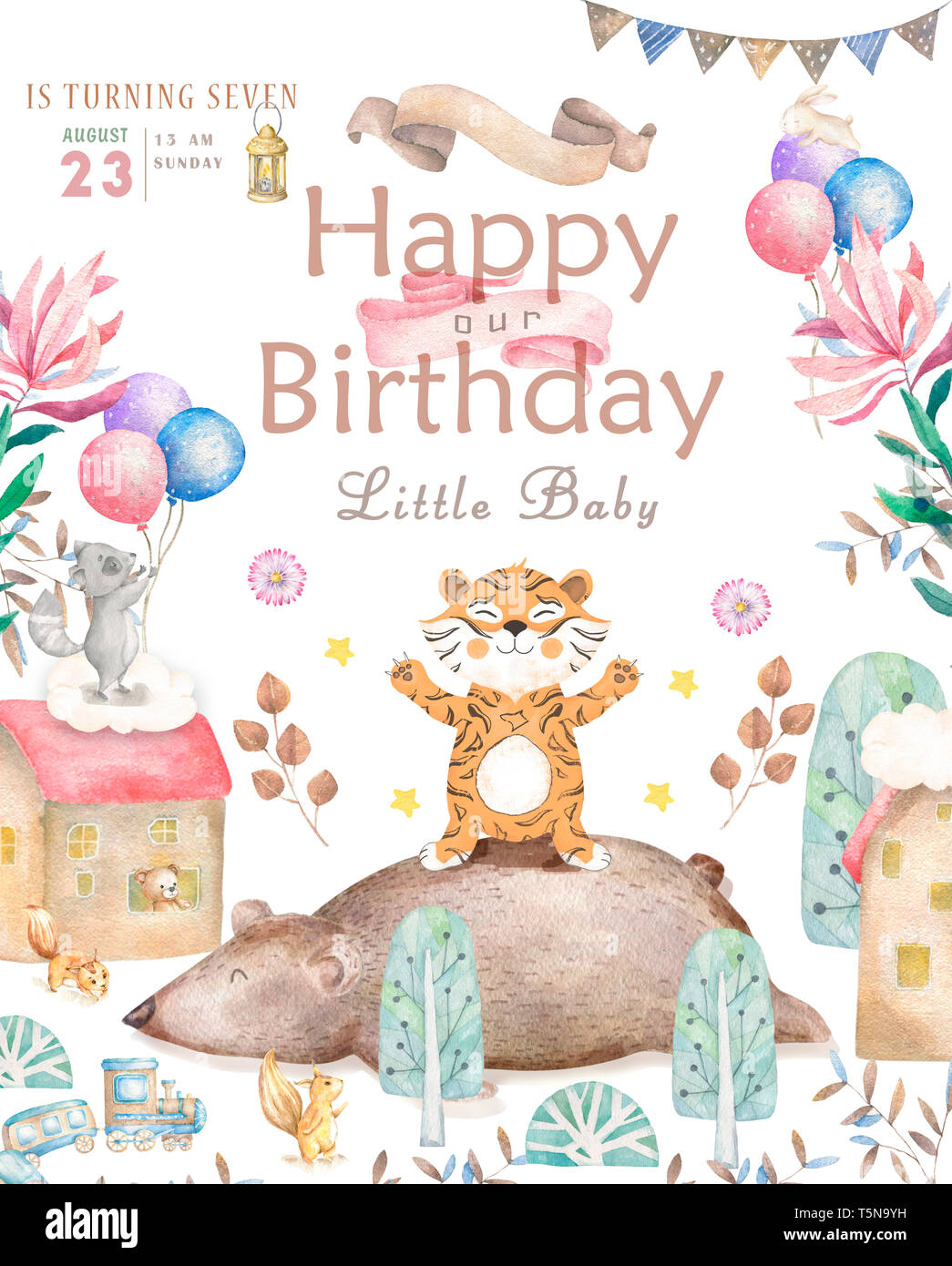 Joyeux Anniversaire Carte Avec Aquarelle Tigre Mignon Animal Mignon Bebe Carte De Vœux Boho Fleurs Et Bouquets Joyeux Anniversaire Ensemble Aquarelle Photo Stock Alamy