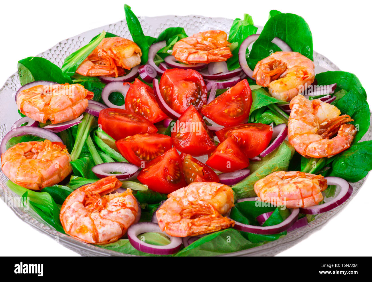 Plat de crevettes, salade de tomates et les crevettes avec la plaque. Banque D'Images