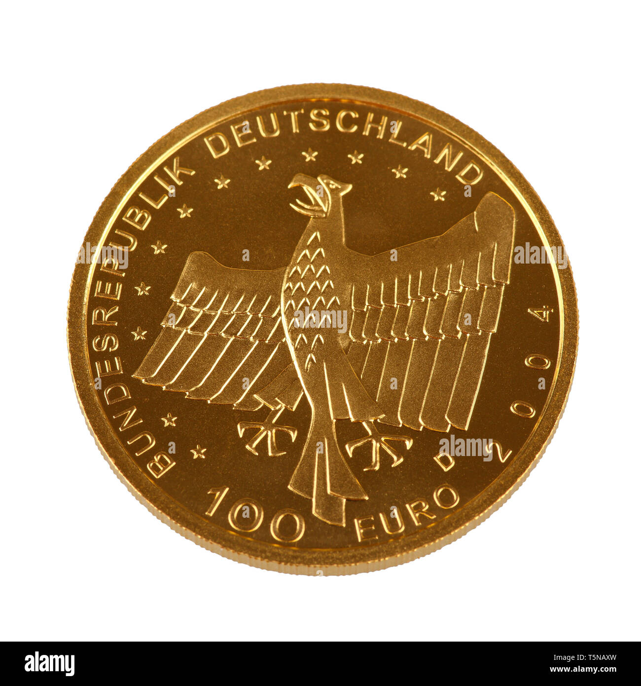Un hundret Euro pièce d'or de l'Allemagne - isolé sur fond blanc Banque D'Images
