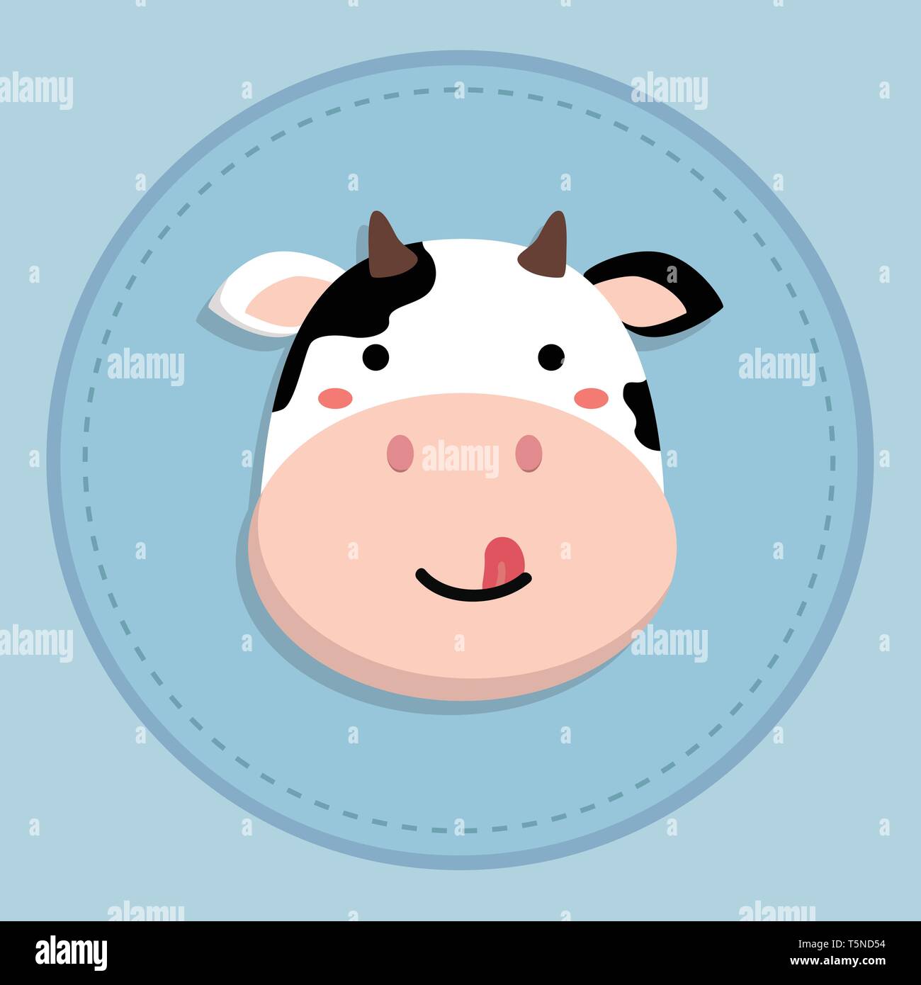Vector illustration of a cute cartoon vache sticking tongue out sur le cercle bleu arrière-plan. Illustration de Vecteur
