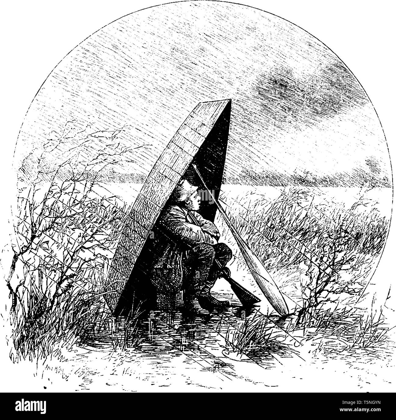 Un homme assis sous un voile soutenu avec une rame alors qu'il pleut, vintage dessin ou gravure illustration Illustration de Vecteur