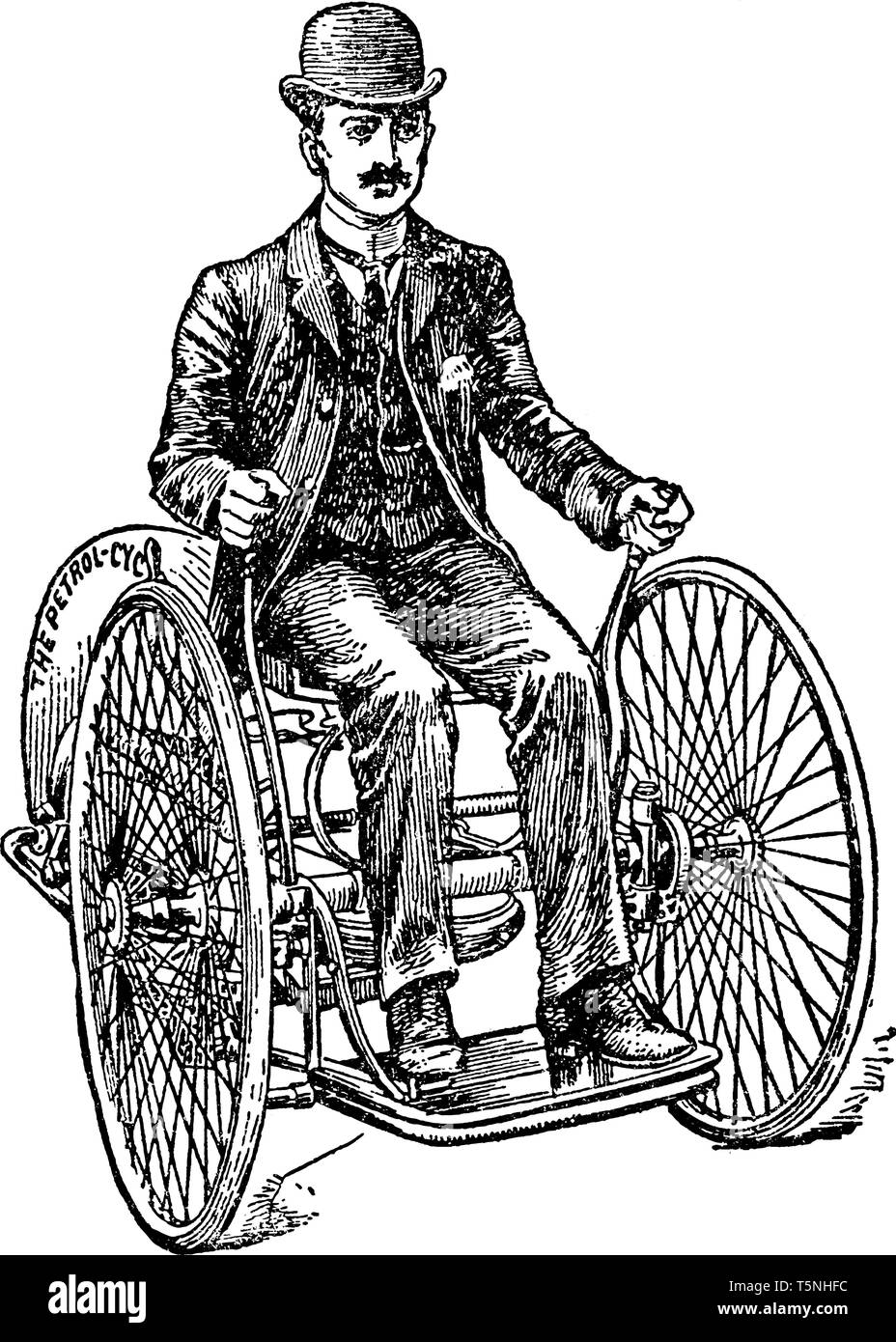 Butler Tricycle à moteur au gaz n'était pas équipé d'un système de freinage et exploité à 3 à 10 mi/h, vintage dessin ou gravure illustration. Illustration de Vecteur