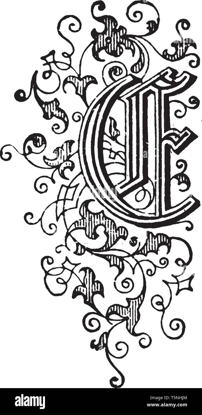Une lettre capitale floral ornement E, vintage dessin ou gravure illustration Illustration de Vecteur