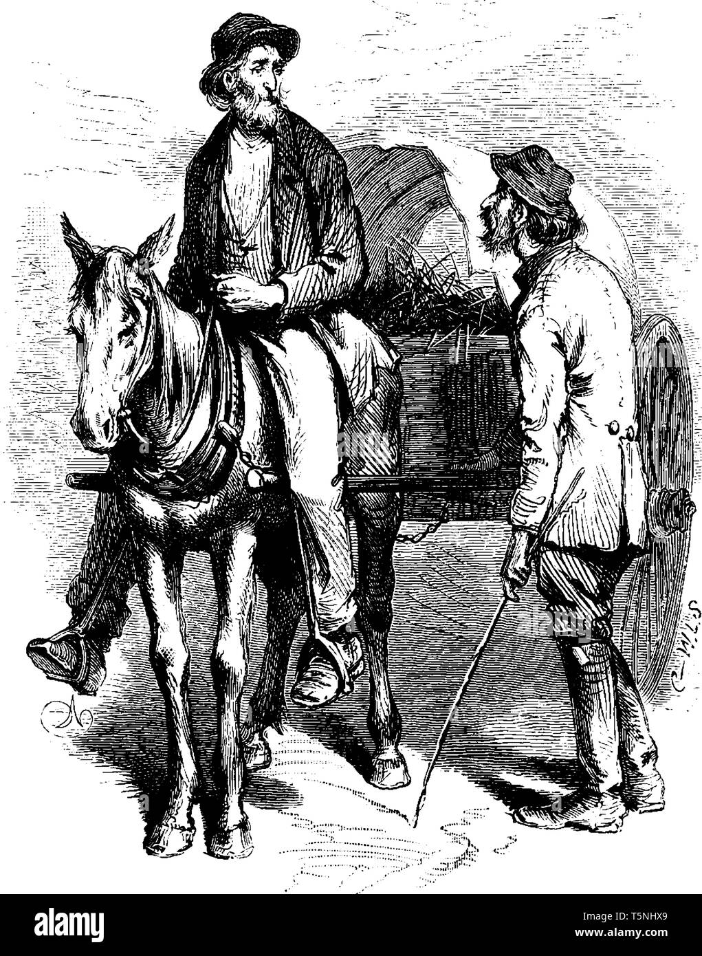 Un homme monté sur chariot à parler avec un autre homme, debout près de lui, vintage dessin ou gravure illustration Illustration de Vecteur