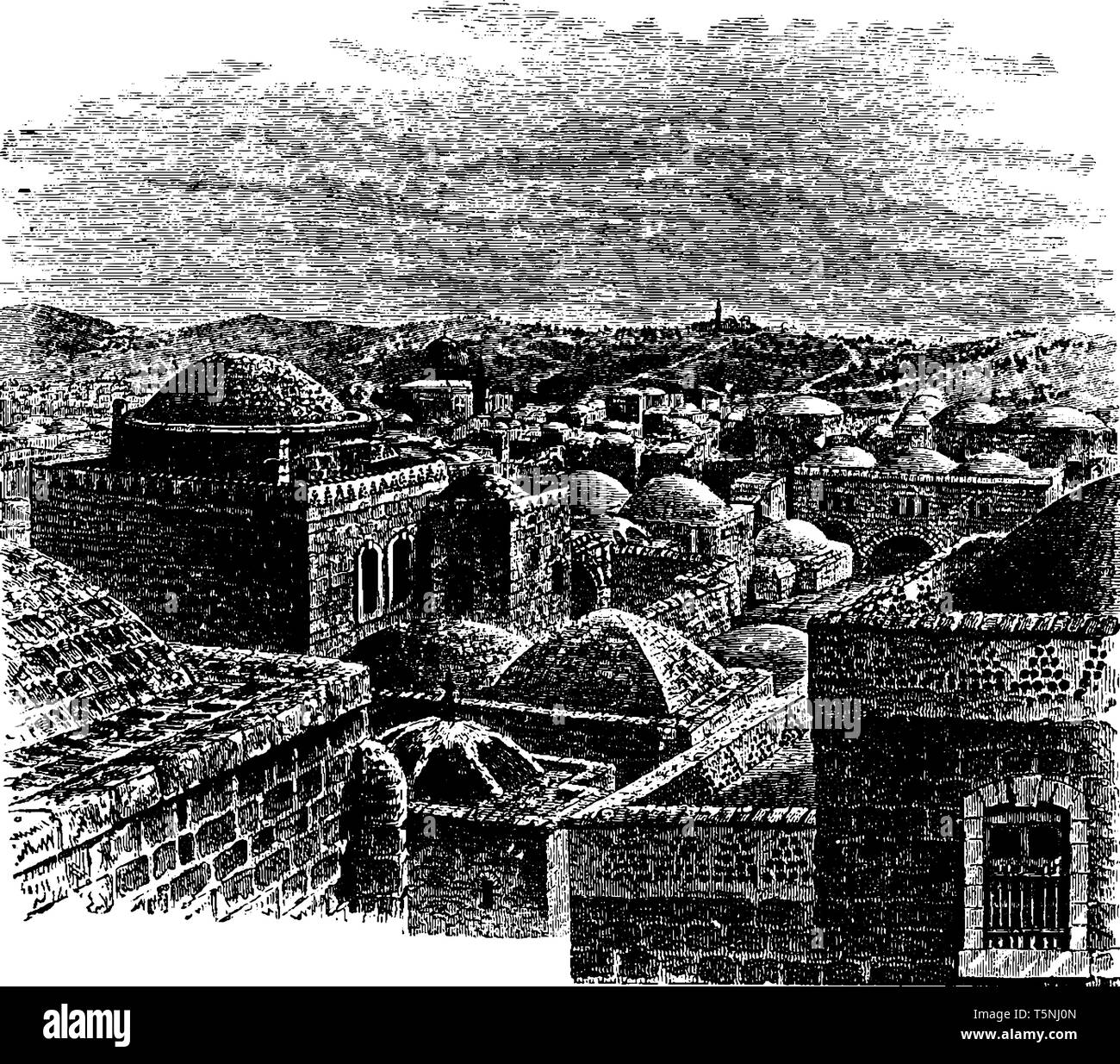 Une vue de Jérusalem est la capitale d'Israël et sa plus grande ville dans la population et le salon, vintage dessin ou gravure illustration. Illustration de Vecteur