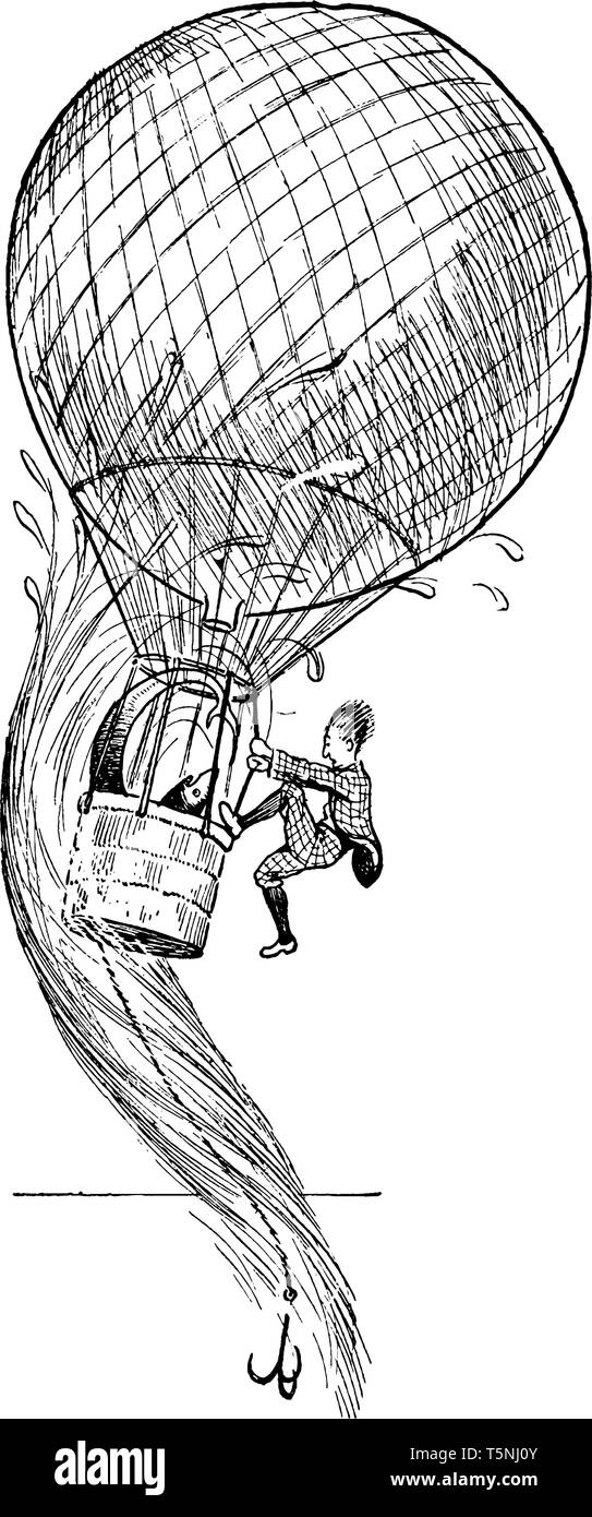 Cette image représente l'homme escalade en ballon à air chaud, vintage dessin ou gravure illustration. Illustration de Vecteur