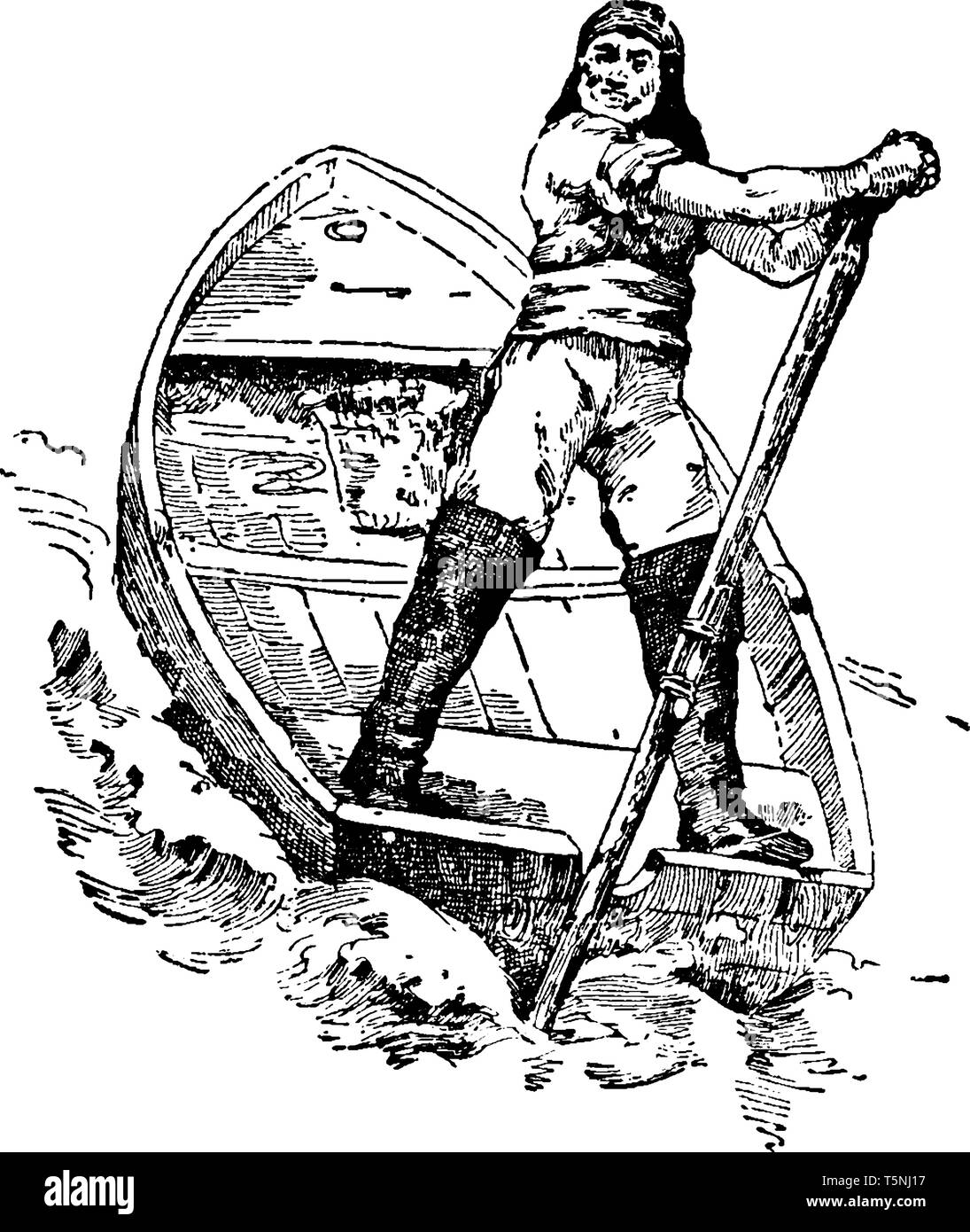 Scull est un homme à l'aide d'un seul scull à ramer un bateau, vintage dessin ou gravure illustration. Illustration de Vecteur