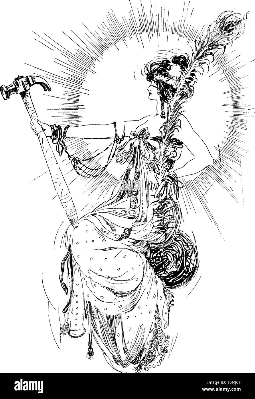 Femme tenant un gros marteau en mains, vintage dessin ou gravure illustration Illustration de Vecteur