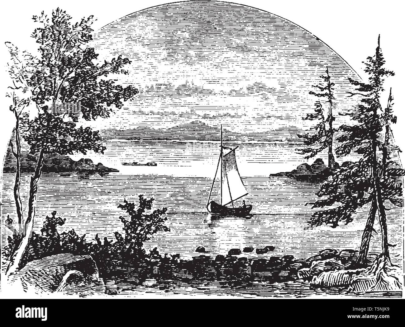 Mount Desert Island est la plus grande île au large de la côte du Maine d'une superficie de 108 milles carrés, vintage dessin ou gravure illustration. Illustration de Vecteur