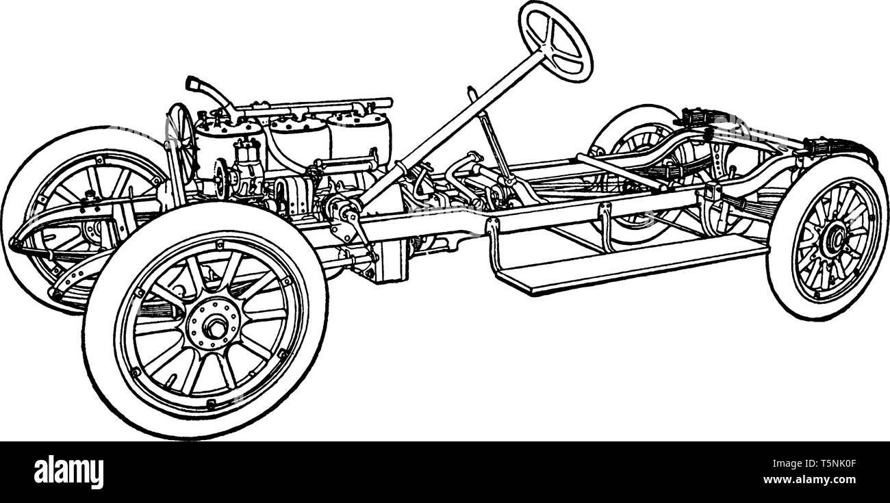 La construction d'une automobile l'étape 20 est dans les roues Roues qui sont ensuite ajoutés à châssis, vintage dessin ou gravure illustration. Illustration de Vecteur