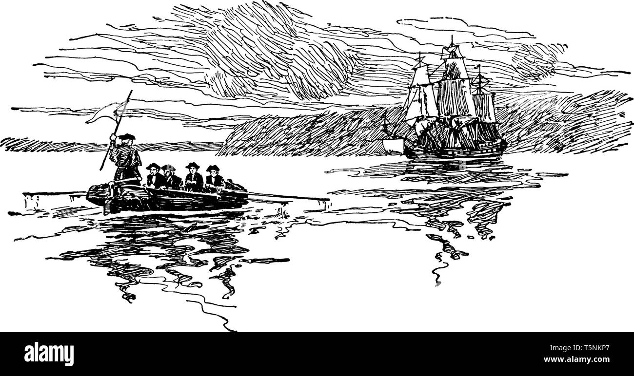 Benedict Arnold s'échapper par bateau été capturés par les forces de George Washington ,vintage dessin ou gravure illustration. Illustration de Vecteur