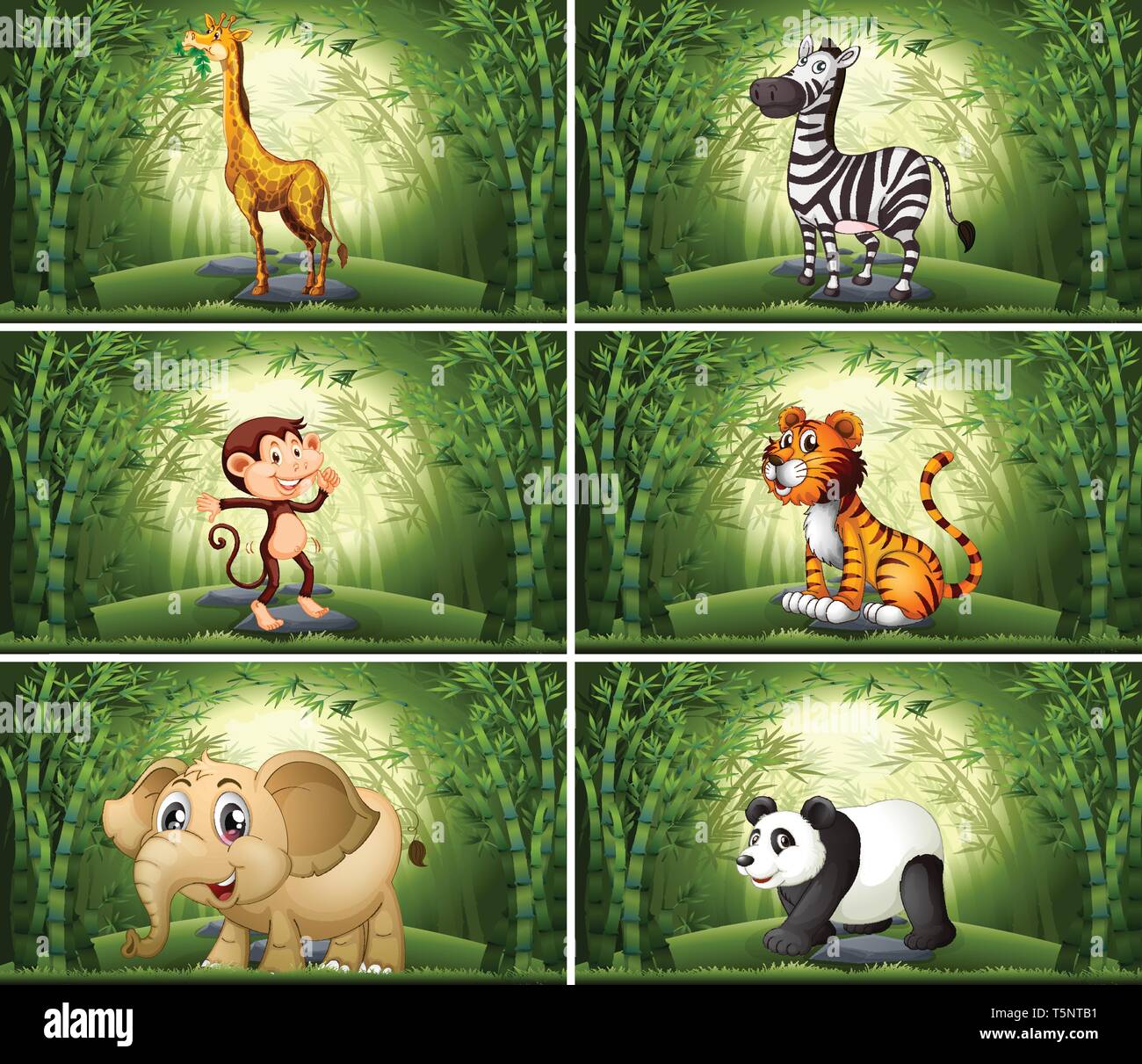 Les animaux dans l'illustration de la scène en bambou Illustration de Vecteur