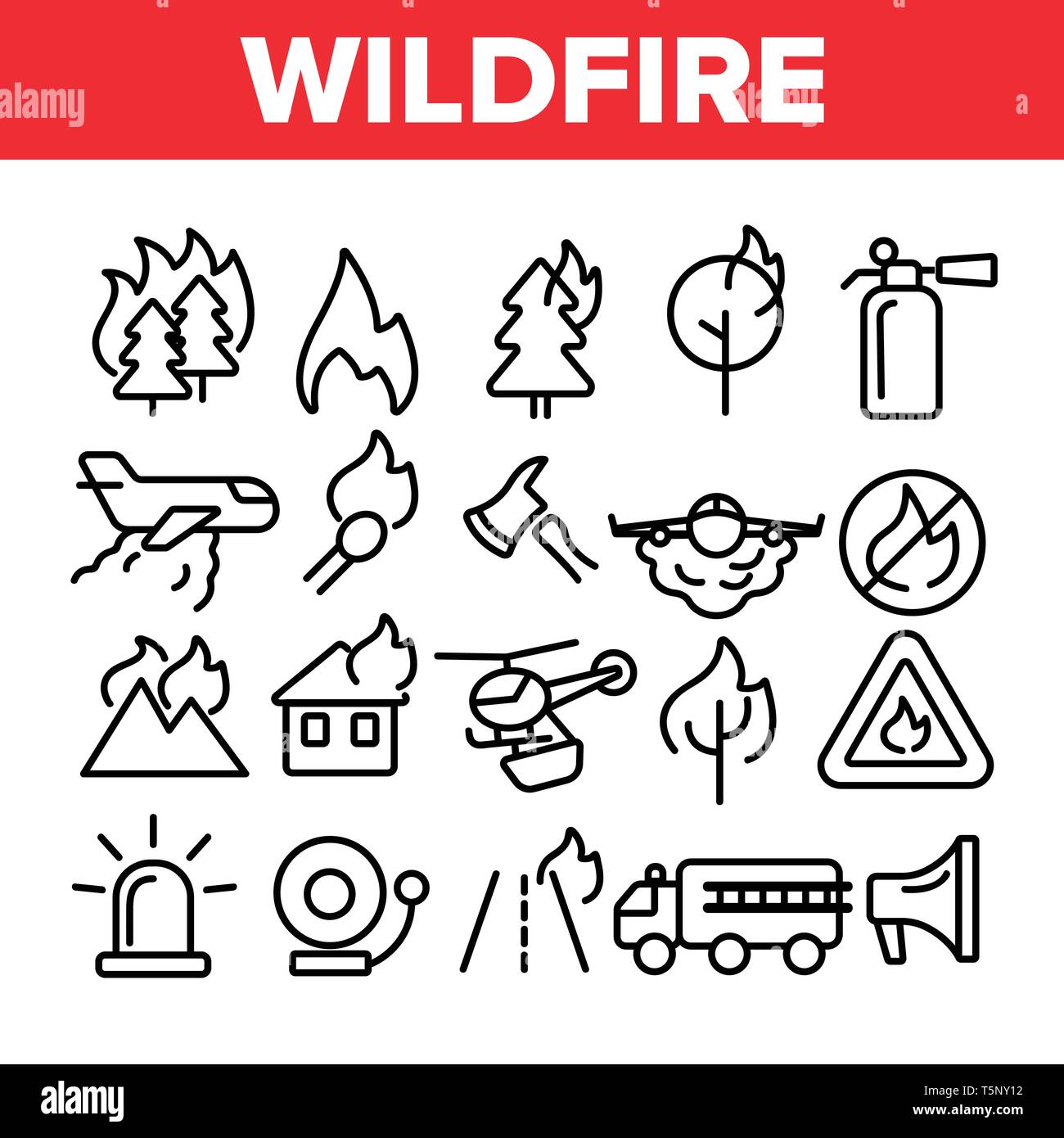 Wildfire, vecteur de brousse fine ligne Icons Set Illustration de Vecteur
