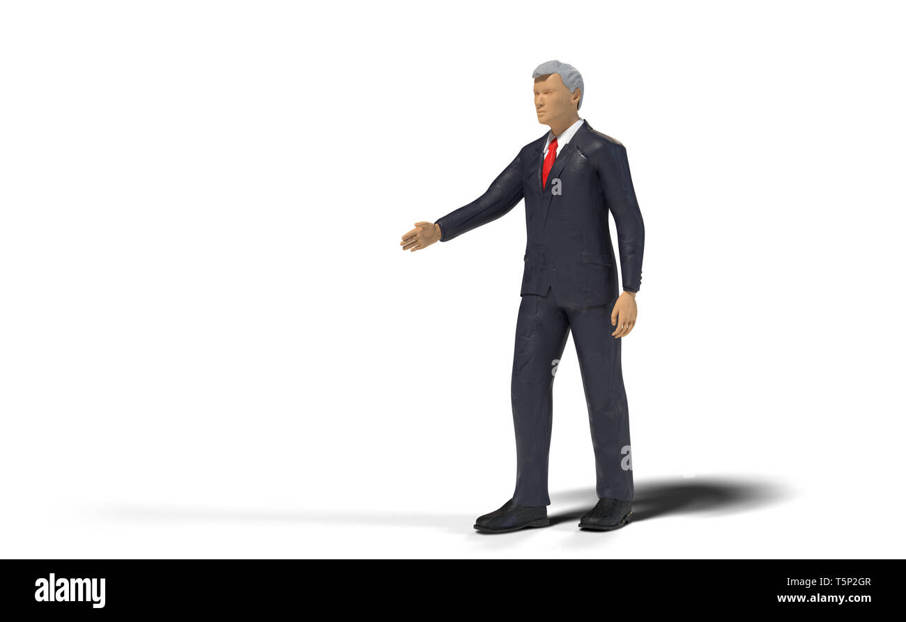Miniature jouet figurine homme présentant un espace blanc vide, concept isolé sur fond blanc Banque D'Images