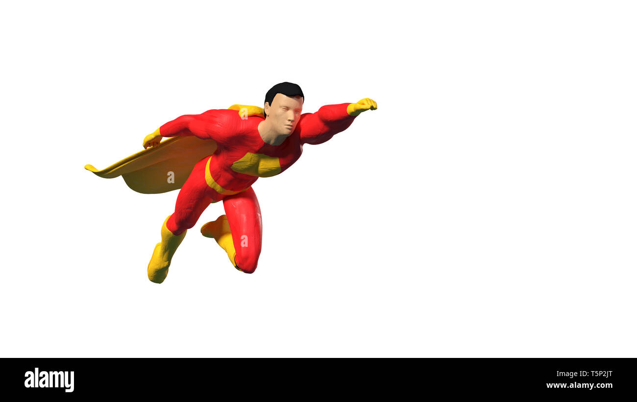 La figure du super-héros miniature jouet volant dans un espace vide, un concept isolé sur fond blanc Banque D'Images