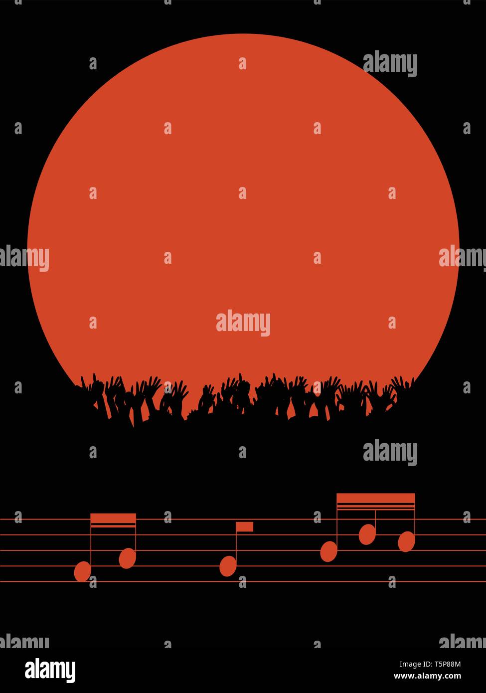 Festival de musique ou d'un parti Rouge Copie Espace avec foule Silhouette sur fond noir avec des notes de musique Portrait sur Pentagram Illustration de Vecteur