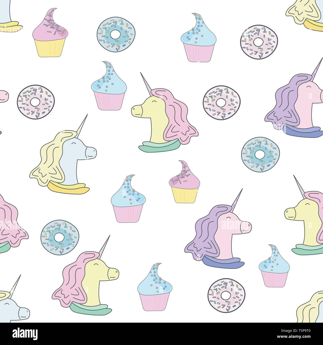 Illustration avec unicorn, beignets et gâteaux. La crème glacée. Modèle sans couture en télévision style sur fond blanc Illustration de Vecteur