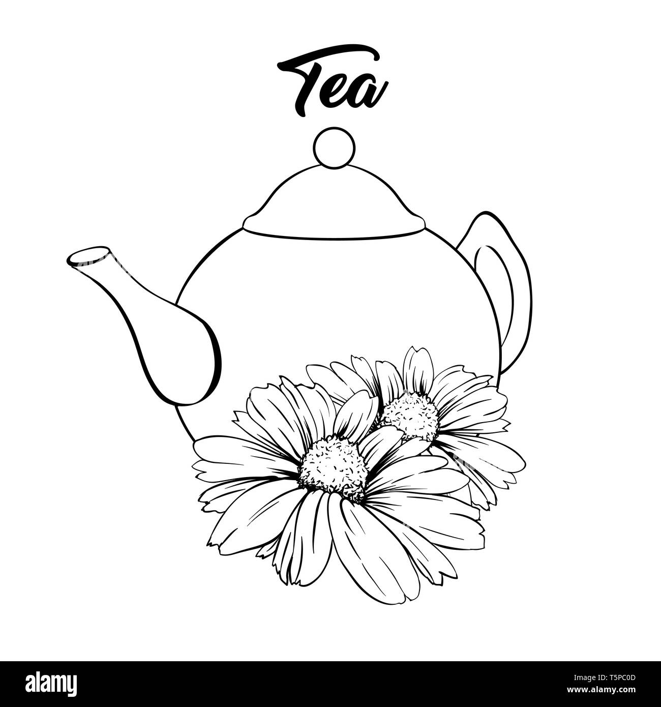 Théière en céramique ou porcelaine Service. Les feuilles de thé de menthe et de fleurs de camomille. Tasse de thé vert. La thérapie de fines herbes détaillé et isolé l'illustration vectorielle. Design de bannières, Menu de restaurant, petit-déjeuner anglais. Illustration de Vecteur