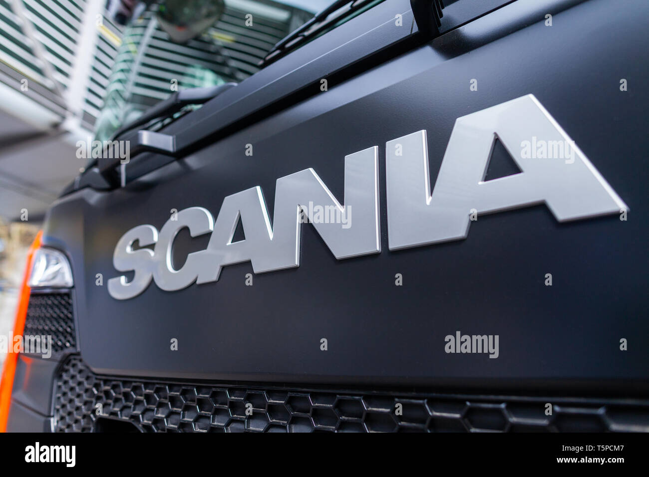 MUNICH / ALLEMAGNE - 14 avril 2019 : la direction de Scania Scania sur un chariot. Scania AB est un fabricant suédois de véhicules commerciaux - plus précisément, il a Banque D'Images