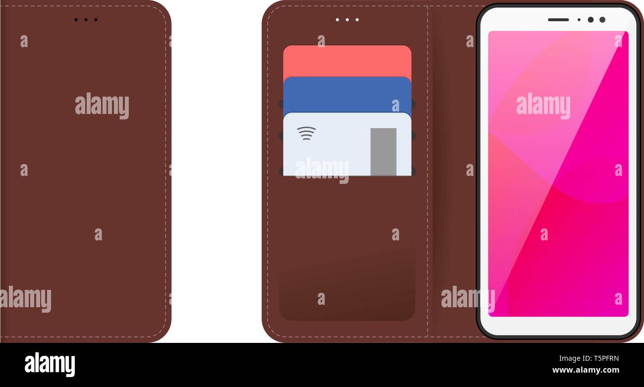 Appareil mobile smartphone avec ouverture et fermeture en cuir cousu marron en plastique, cartes bancaires dans des poches. Vector illustration télévision moderne se d'isolement Illustration de Vecteur