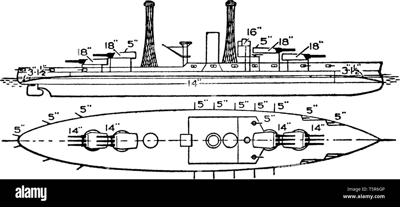 United States Navy cuirassé Arizona a été lancé en 1915 et a servi aux États-Unis pendant la Première Guerre mondiale, vintage dessin ou gravure illustration. Illustration de Vecteur