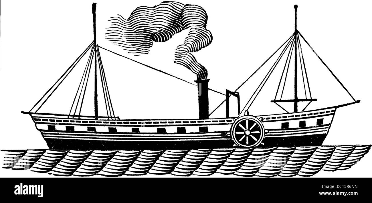 Les bateaux à vapeur de la rivière Hudson sont uniques en ce qu'ils ont deux paddlewheels situé dans le centre de la voile de chaque côté, vintage ou dessin de ligne engrav Illustration de Vecteur
