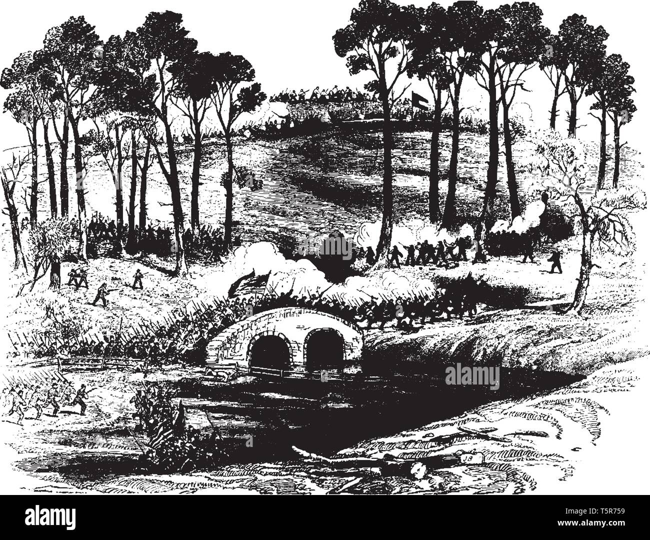 Bataille d'Antietam, également connu sous le nom de la bataille de Sharpsburg en particulier dans le sud des États-Unis, le dessin des lignes vintage ou gravure illustration. Illustration de Vecteur